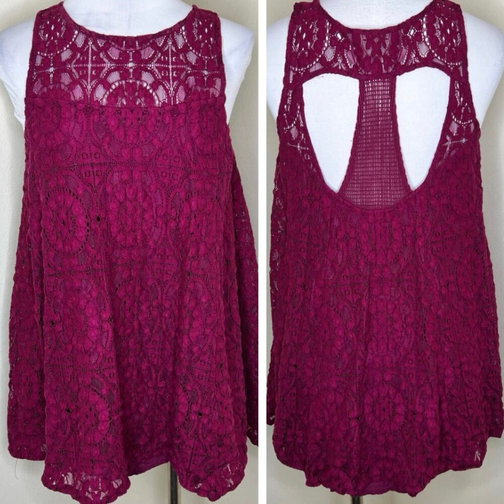 Free People Babydoll Tank Top XS Feminine Burgundy Lace Relaxed Racerback Tunic